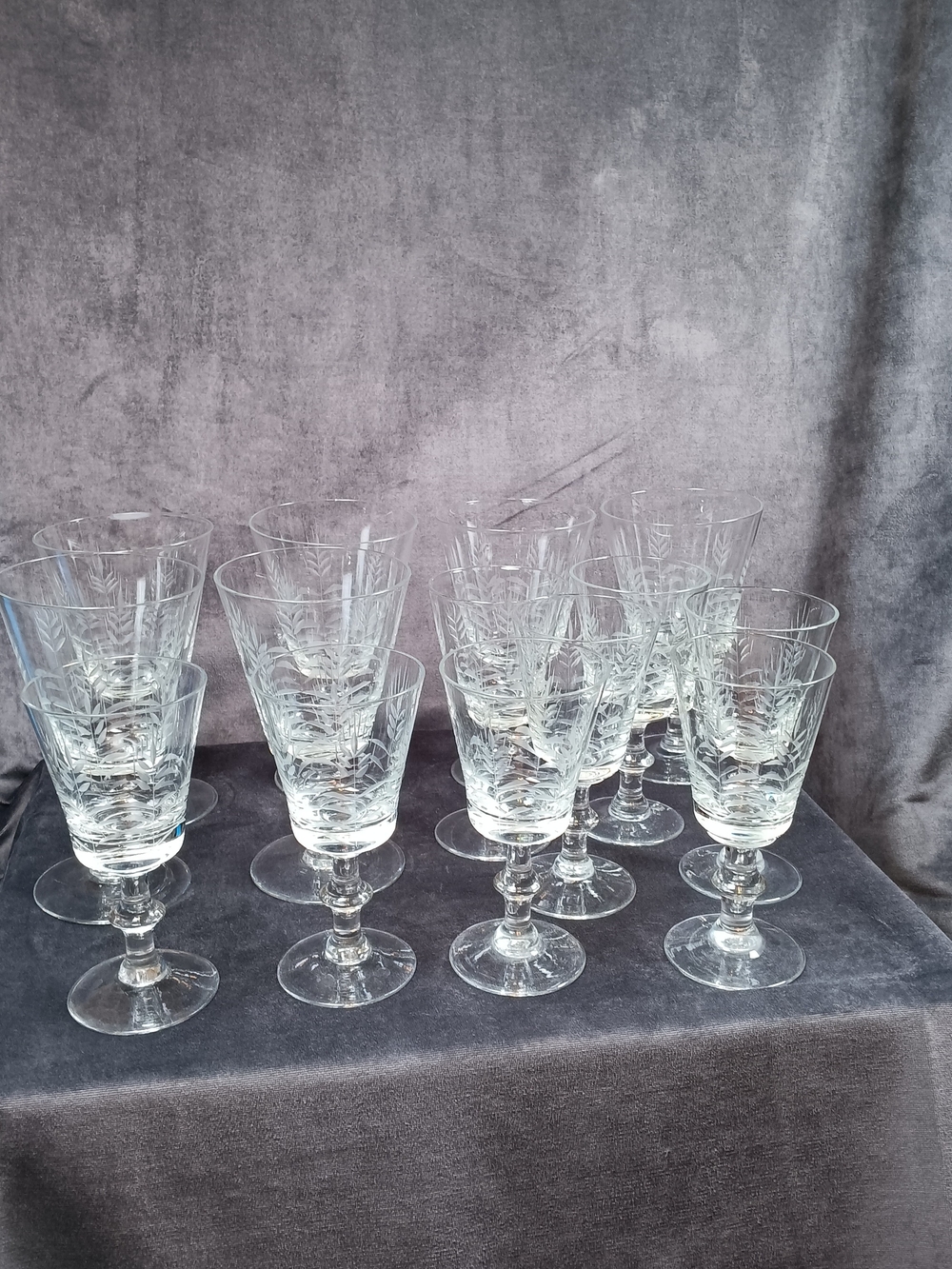 Antique 1950s Crystal Etched Two Sizes By Cambridge Wheat Design (Set of 15)